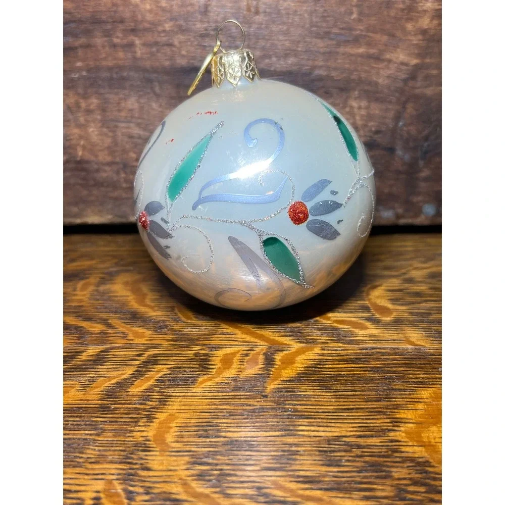Demdaco Glass Ball Christmas Ornament Iridescent Floral Glitter Silver Green Red